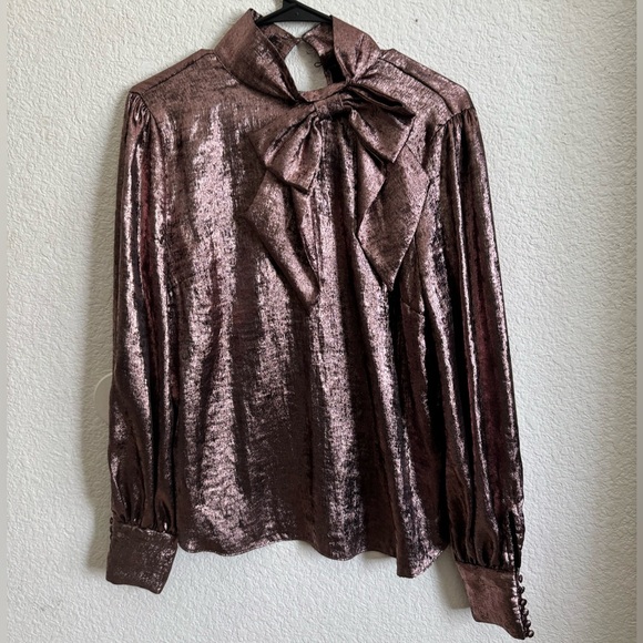 Ryegrass Tops - Shiny Metallic Chocolate Brown Rose Gold Longsleeve Top Blouse w/ Bow Accent